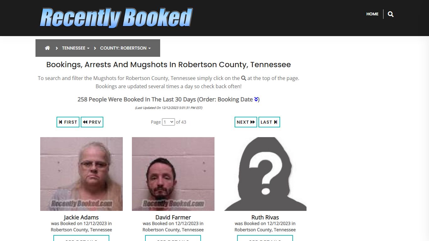 Bookings, Arrests and Mugshots in Robertson County, Tennessee